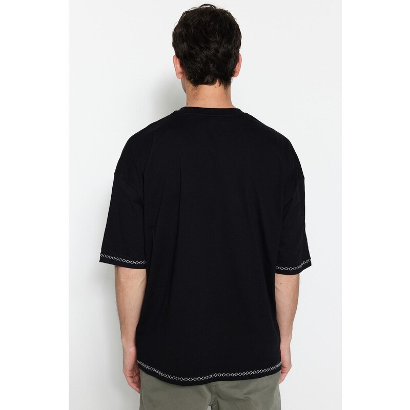 Trendyol Black Oversize/Wide Cut Crew Neck Short Sleeve Embroidered 100% Cotton T-Shirt