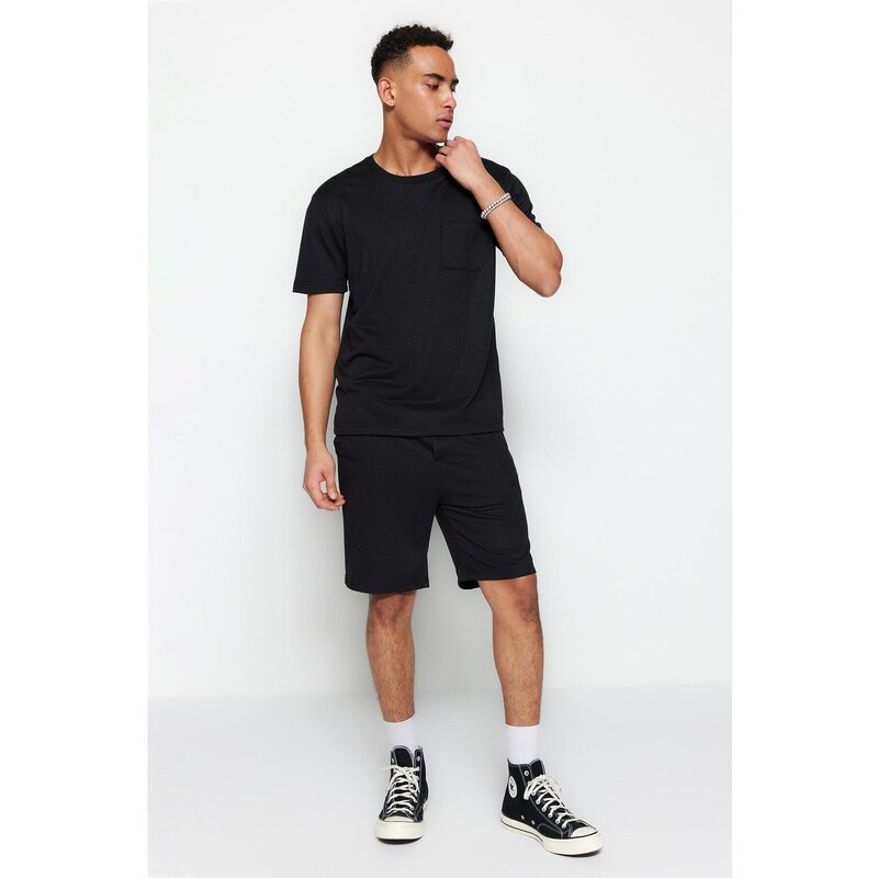 Trendyol Black Men's Regular/Regular Cut Tshirt-Shorts Cotton Tracksuit Set