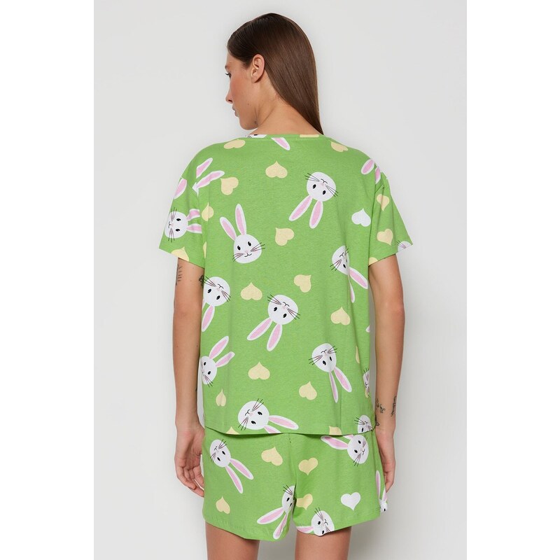 Trendyol Green 100% Cotton Heart Rabbit Pattern T-shirt-Shorts Knitted Pajamas Set
