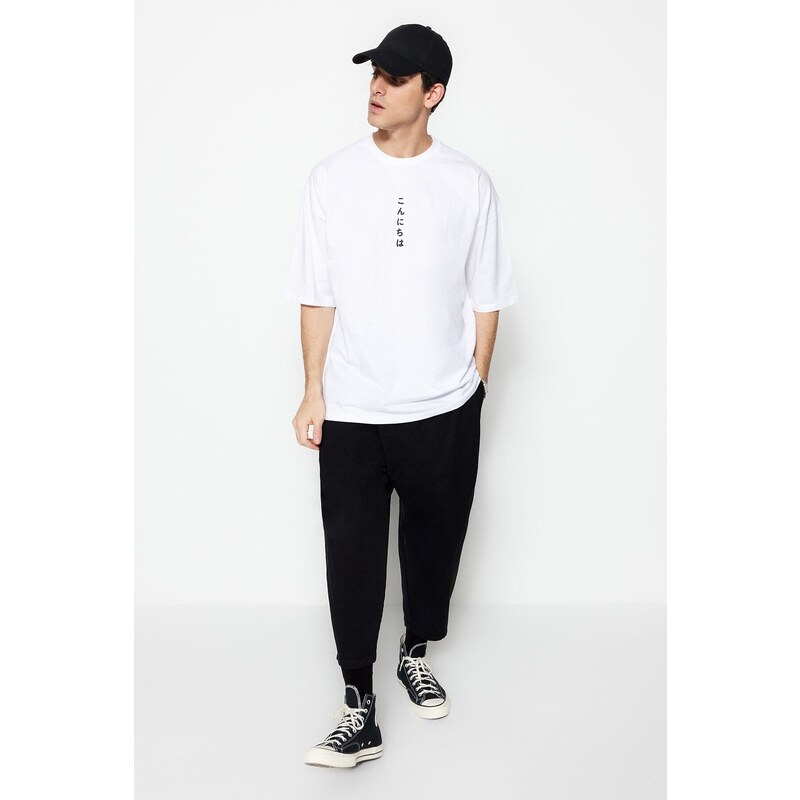 Trendyol White Oversize/Wide Cut Far East Text Printed Short Sleeve 100% Cotton T-Shirt