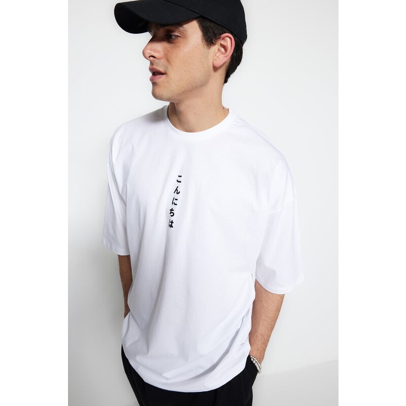 Trendyol White Oversize/Wide Cut Far East Text Printed Short Sleeve 100% Cotton T-Shirt