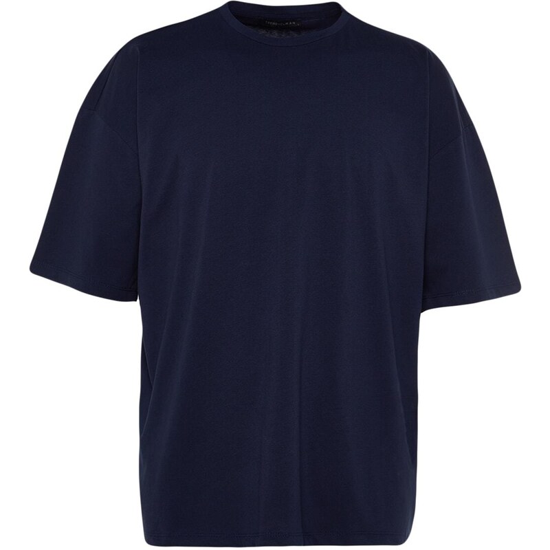 Trendyol Námořnická modrá Pánské tričko volného / pohodlného střihu ze 100% bavlny s textovým potiskem