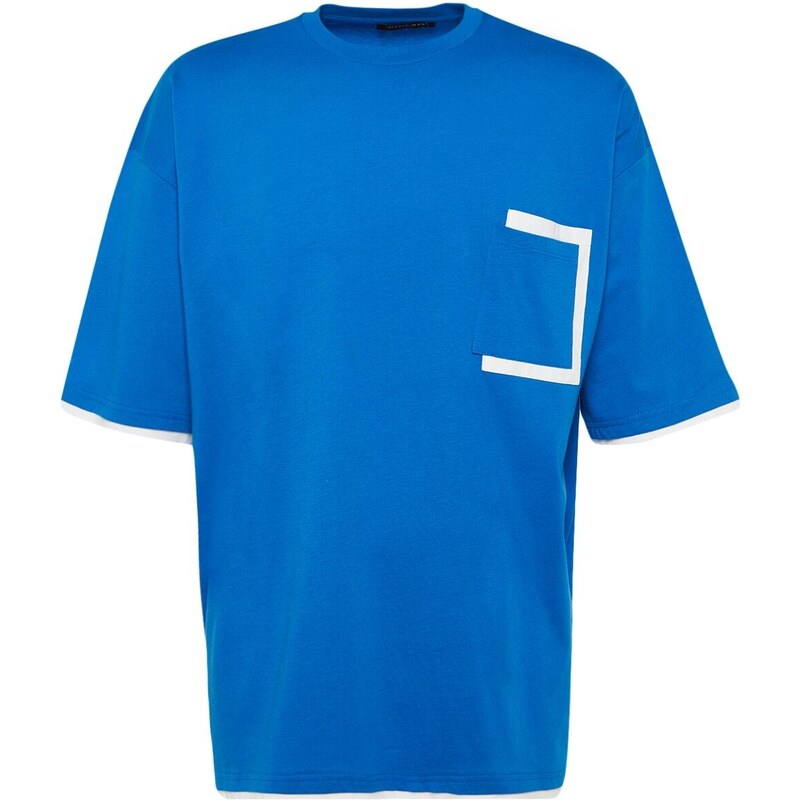 Trendyol Blue Oversize Pocket Color Block 100% Cotton T-Shirt