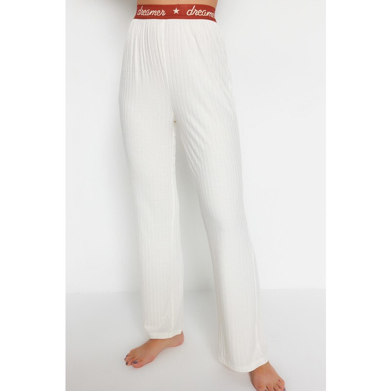 Trendyol Ecru Slogan Printed Rubber Detailed Corded Cotton T-shirt-Pants Knitted Pajamas