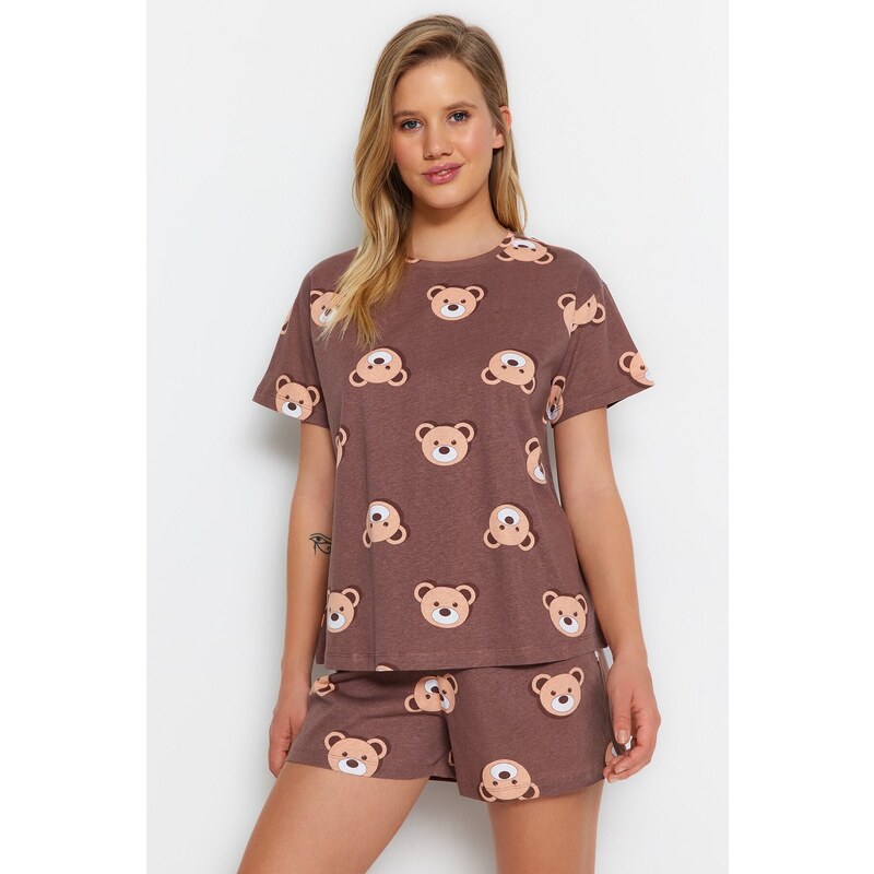 Trendyol Brown 100% Cotton Teddy Bear Patterned T-shirt-Shorts Knitted Pajamas Set