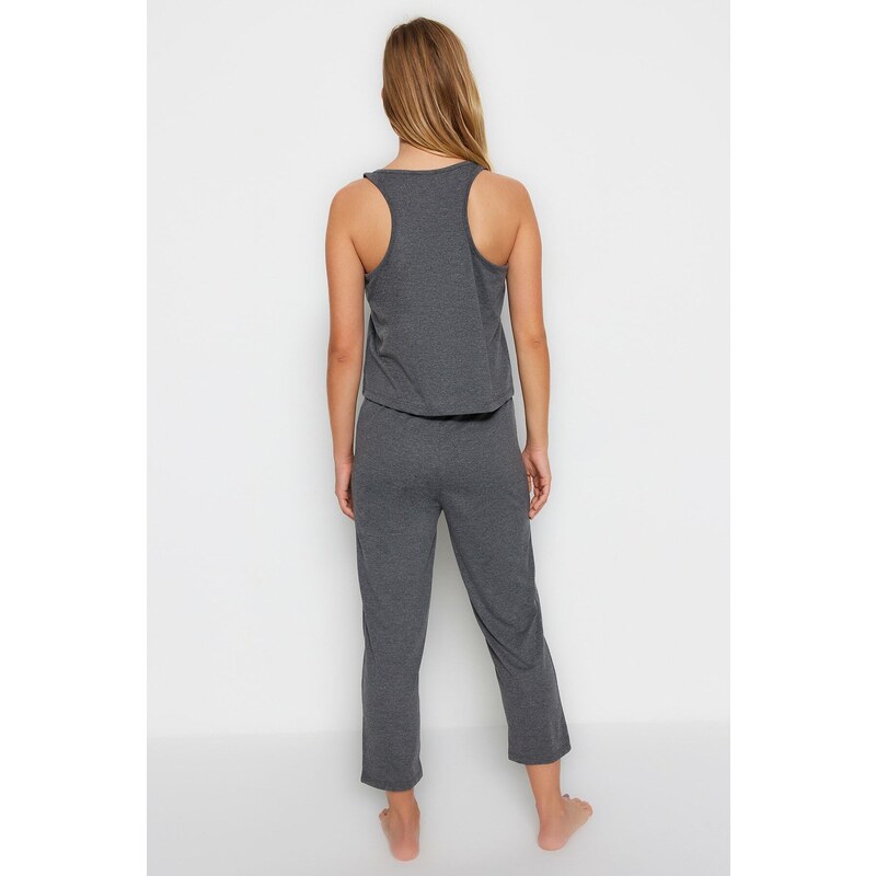 Trendyol Anthracite Cotton Halter Collar Undershirt-Capri Knitted Pajama Set