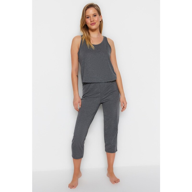 Trendyol Anthracite Cotton Halter Collar Undershirt-Capri Knitted Pajama Set