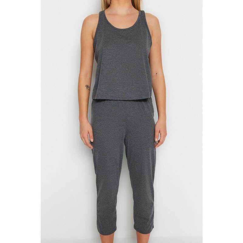 Trendyol Anthracite Cotton Halter Collar Undershirt-Capri Knitted Pajama Set