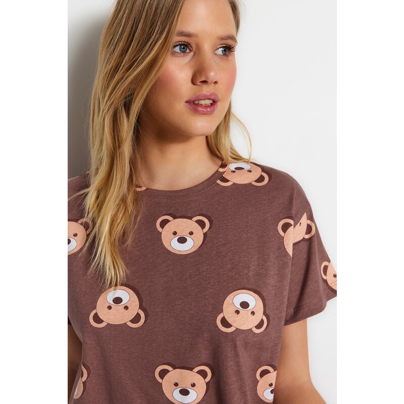 Trendyol Brown 100% Cotton Teddy Bear Patterned T-shirt-Shorts Knitted Pajamas Set