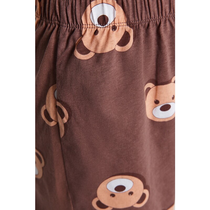 Trendyol Brown 100% Cotton Teddy Bear Patterned T-shirt-Shorts Knitted Pajamas Set