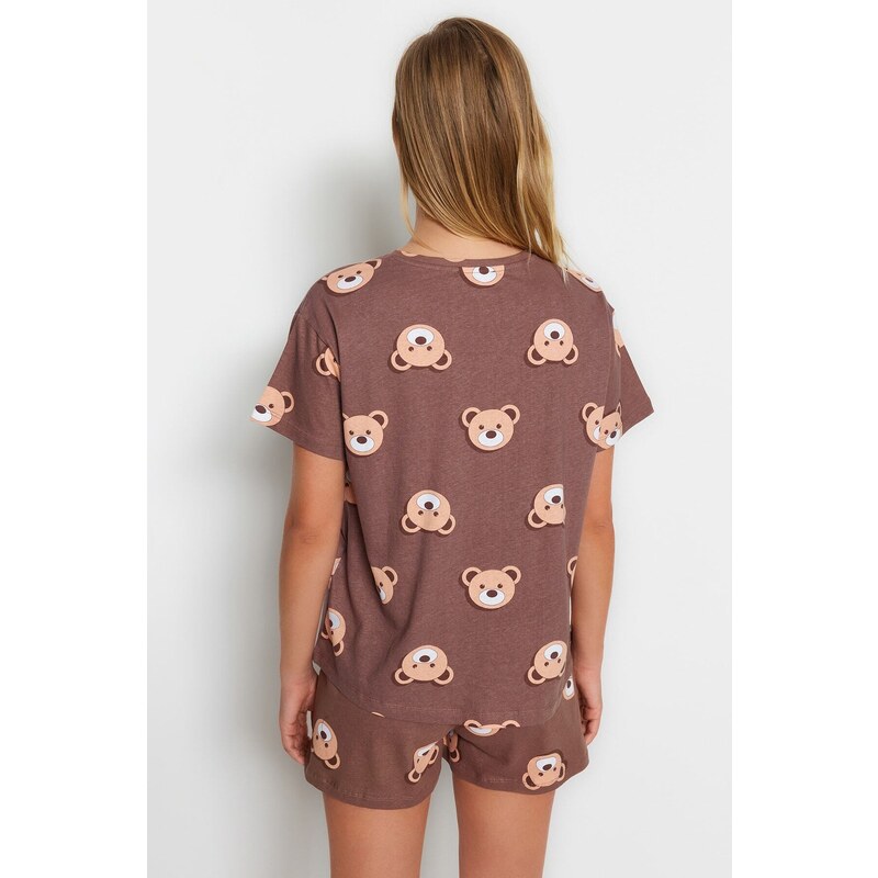 Trendyol Brown 100% Cotton Teddy Bear Patterned T-shirt-Shorts Knitted Pajamas Set