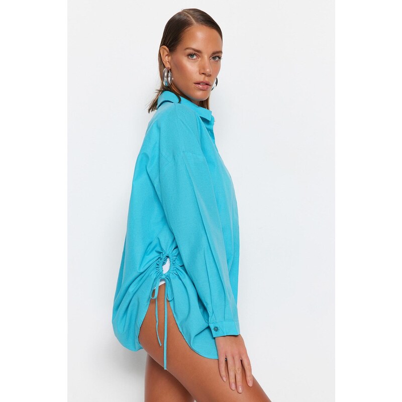 Trendyol Turquoise Pleated Woven Beach Shirt