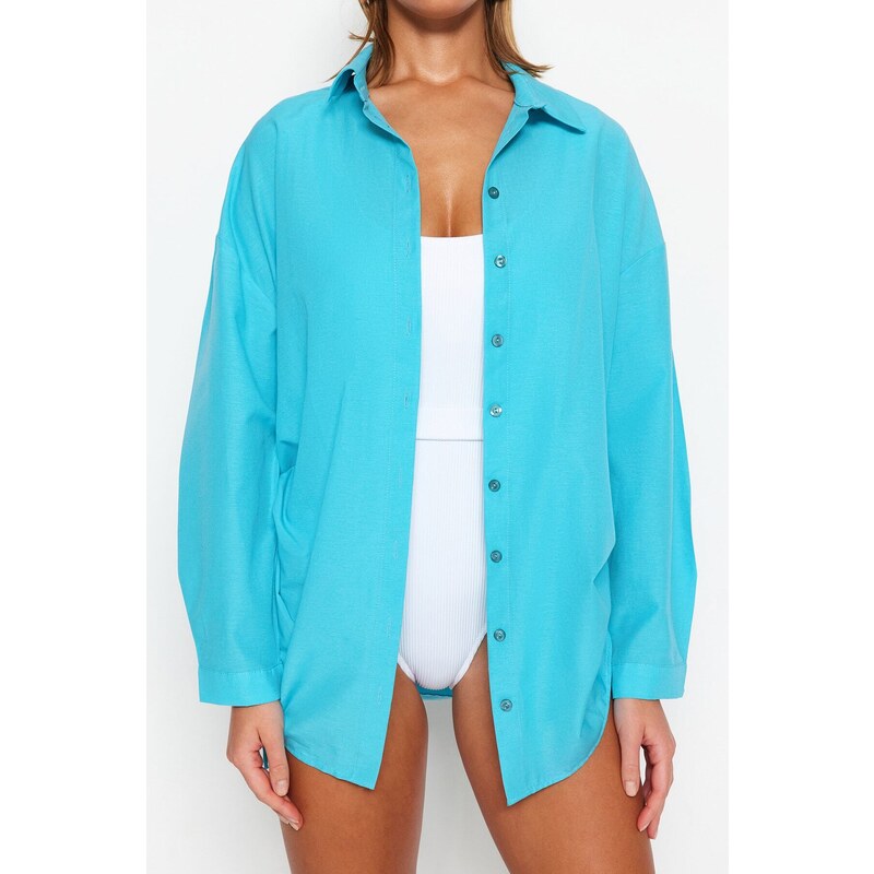 Trendyol Turquoise Pleated Woven Beach Shirt