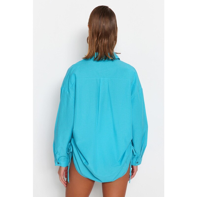 Trendyol Turquoise Pleated Woven Beach Shirt