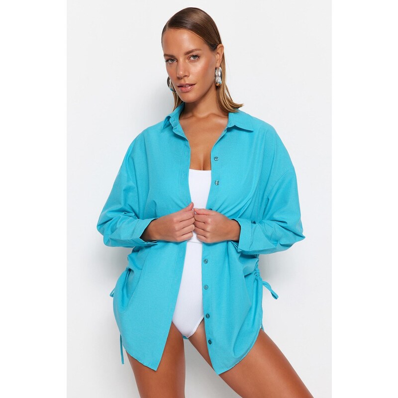 Trendyol Turquoise Pleated Woven Beach Shirt