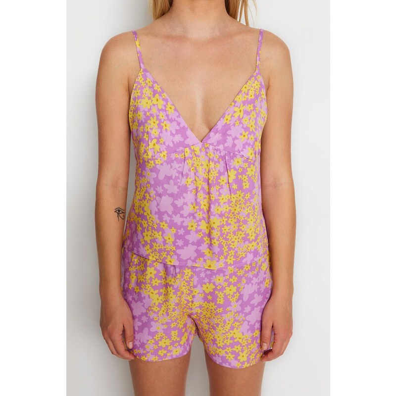 Trendyol Floral Back Window/Cut Out Detailed Viscose Singlets-Shorts, Woven Pajamas Set