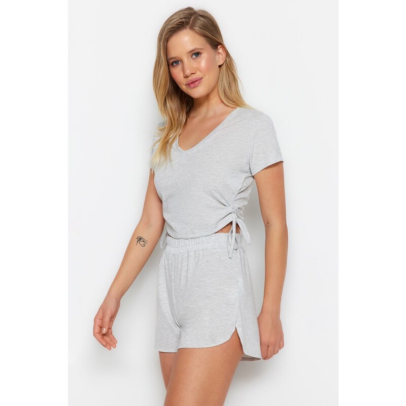 Trendyol Gray Cotton Drawstring T-shirt-Shorts Knitted Pajama Set