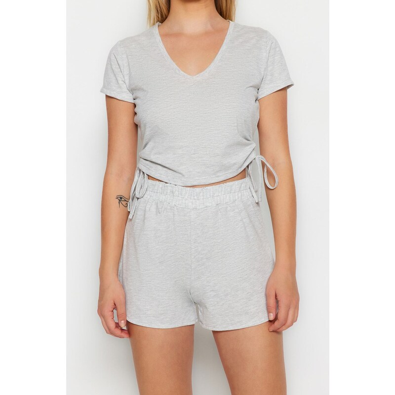 Trendyol Gray Cotton Drawstring T-shirt-Shorts Knitted Pajama Set