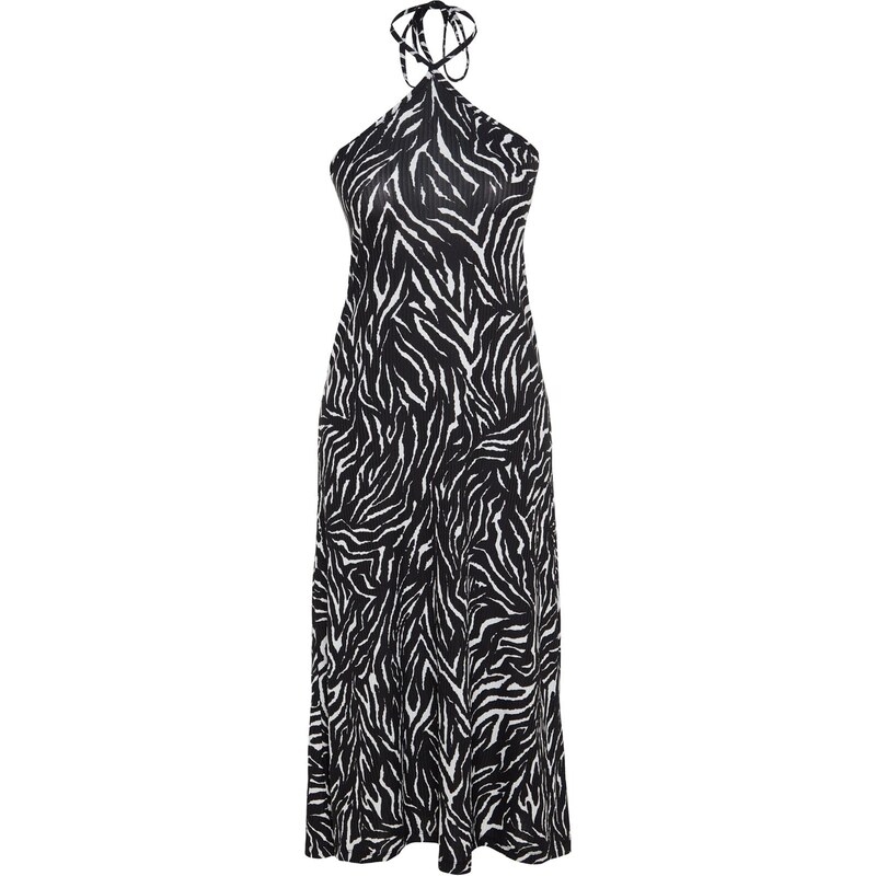 Trendyol Black Zebra Patterned Barbell Neck Shift/Straight Midi Knitted Dress