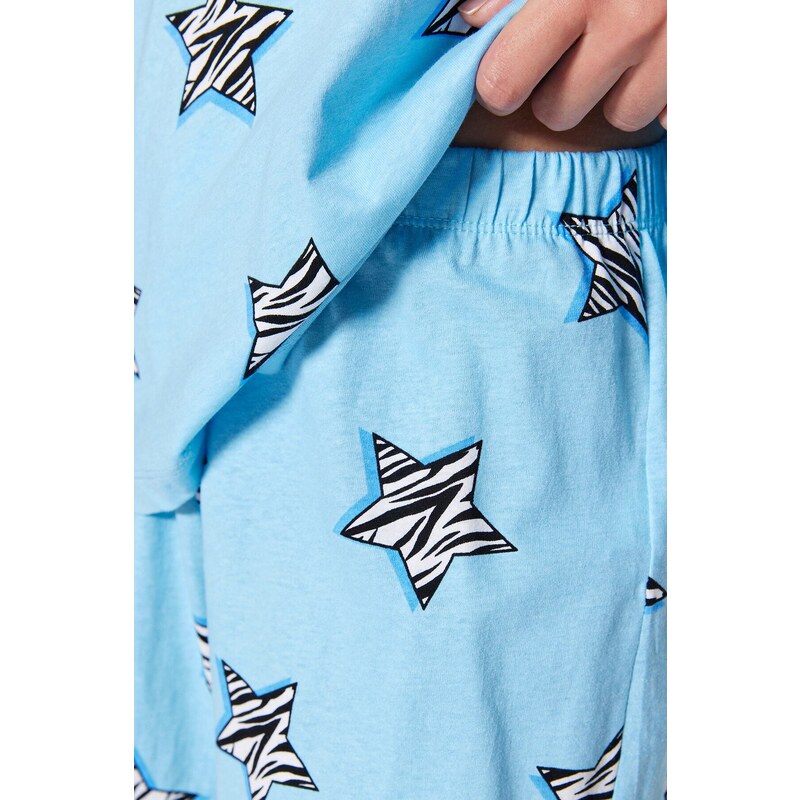 Trendyol Blue 100% Cotton Star Pattern T-shirt-Shorts Knitted Pajamas Set