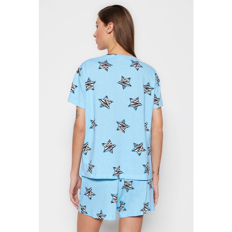 Trendyol Blue 100% Cotton Star Pattern T-shirt-Shorts Knitted Pajamas Set