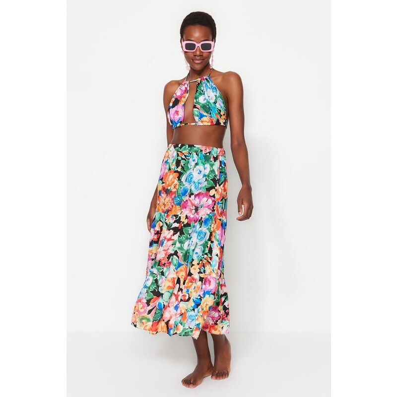 Trendyol Black Floral Print Beach Top-Top Suite