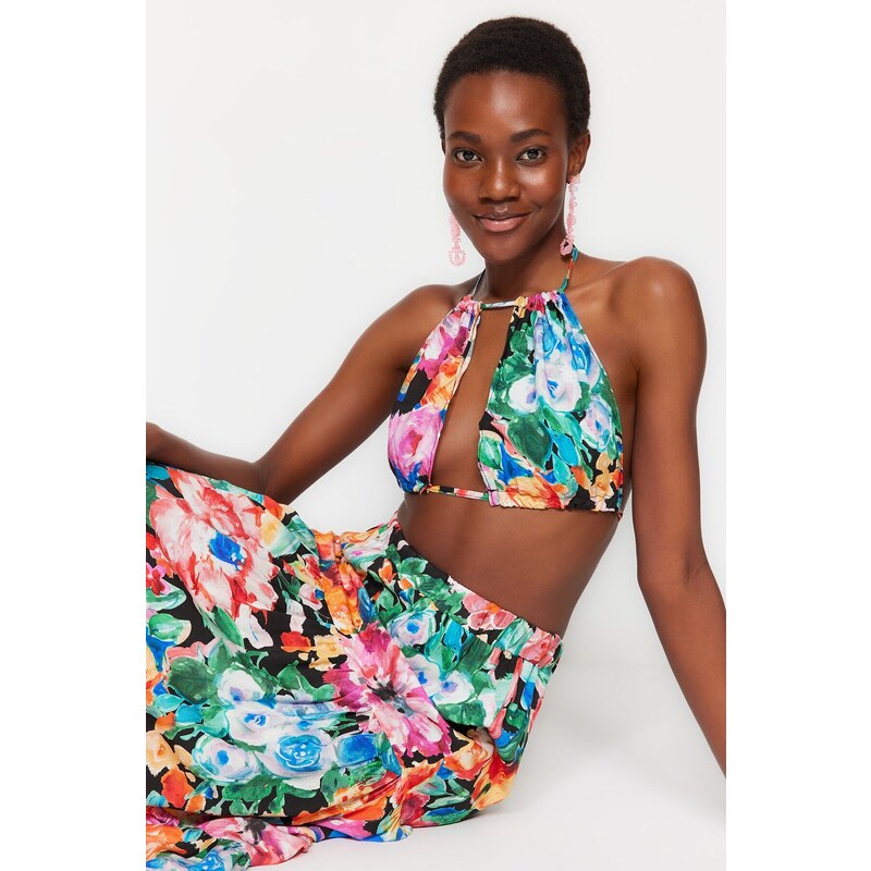 Trendyol Black Floral Print Beach Top-Top Suite