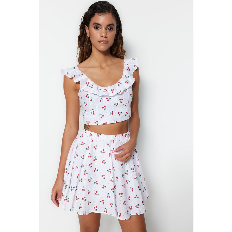 Trendyol Fruit Patterned Woven Ruffled 100% Cotton Blouse and