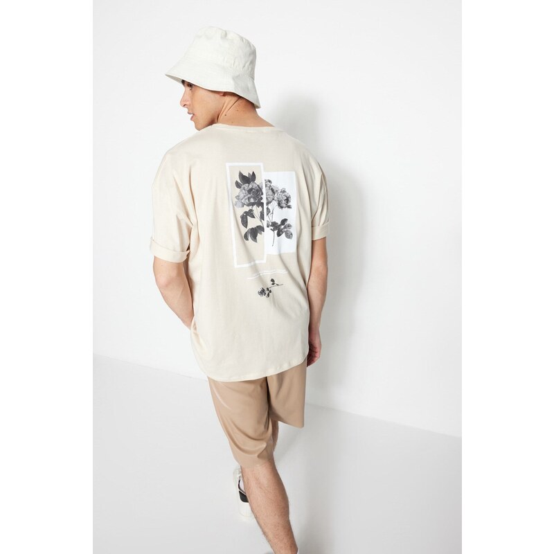 Trendyol Stone Oversize/Wide Fit Crew Neck Floral Printed Short Sleeve 100% Cotton T-Shirt