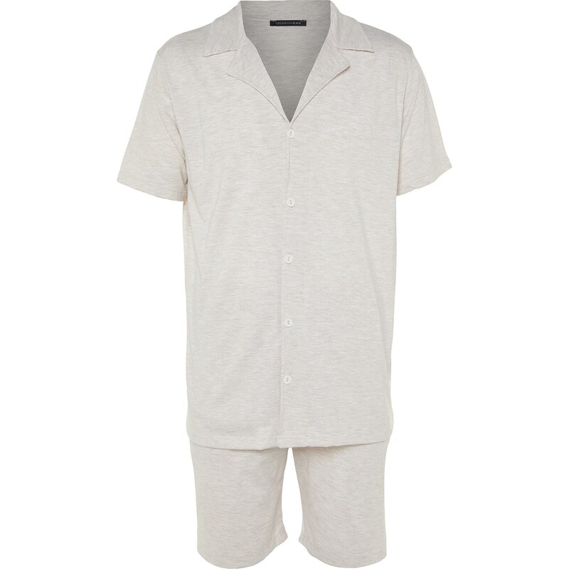 Trendyol Beige Relaxed Fit Shirt Collar Knitted Pajamas Set