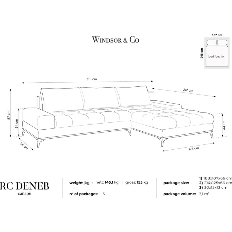 Hnědorůžová látková rozkládací rohová pohovka Windsor & Co Deneb 315 cm, pravá