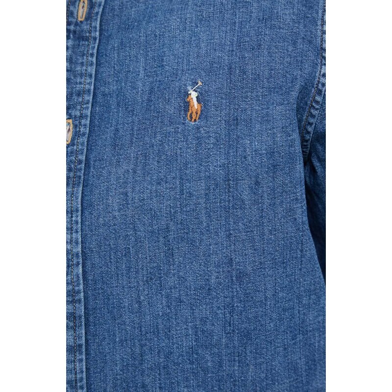 Džínová košile Polo Ralph Lauren dámská, tmavomodrá barva, regular, s klasickým límcem