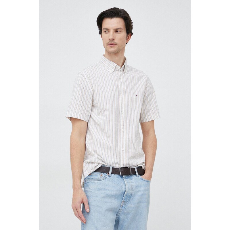 Košile s příměsí lnu Tommy Hilfiger béžová barva, regular, s límečkem button-down