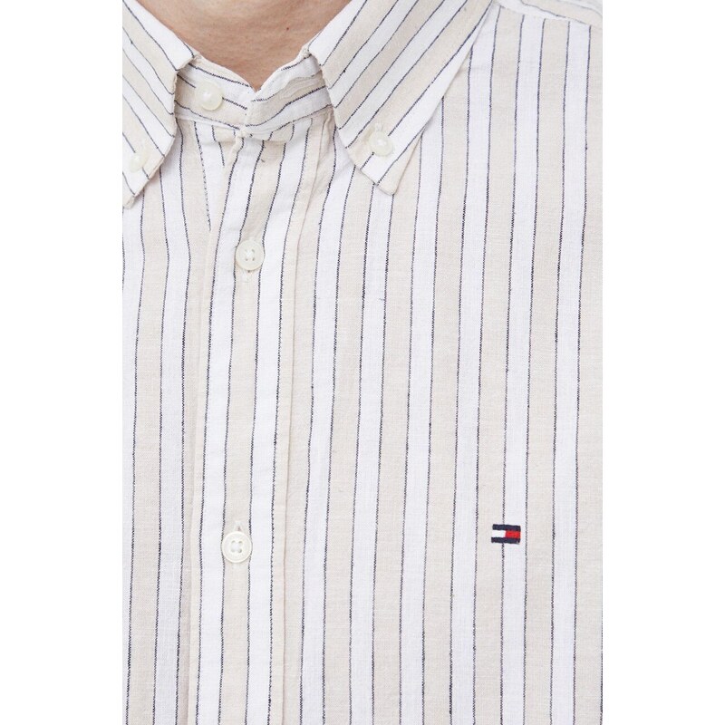 Košile s příměsí lnu Tommy Hilfiger béžová barva, regular, s límečkem button-down