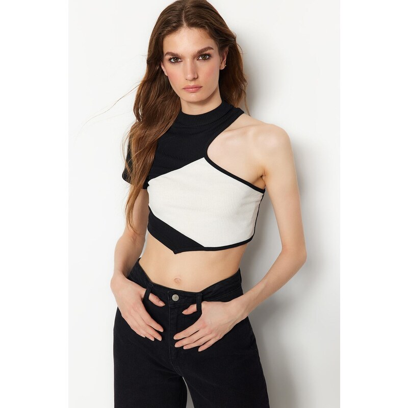 Trendyol Black Color Block Crew Neck Fitted/Situated Ribbed Flexible Knitted Blouse