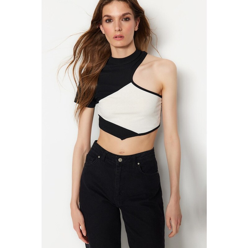 Trendyol Black Color Block Crew Neck Fitted/Situated Ribbed Flexible Knitted Blouse