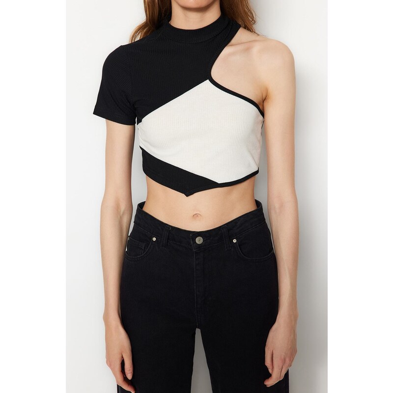 Trendyol Black Color Block Crew Neck Fitted/Situated Ribbed Flexible Knitted Blouse