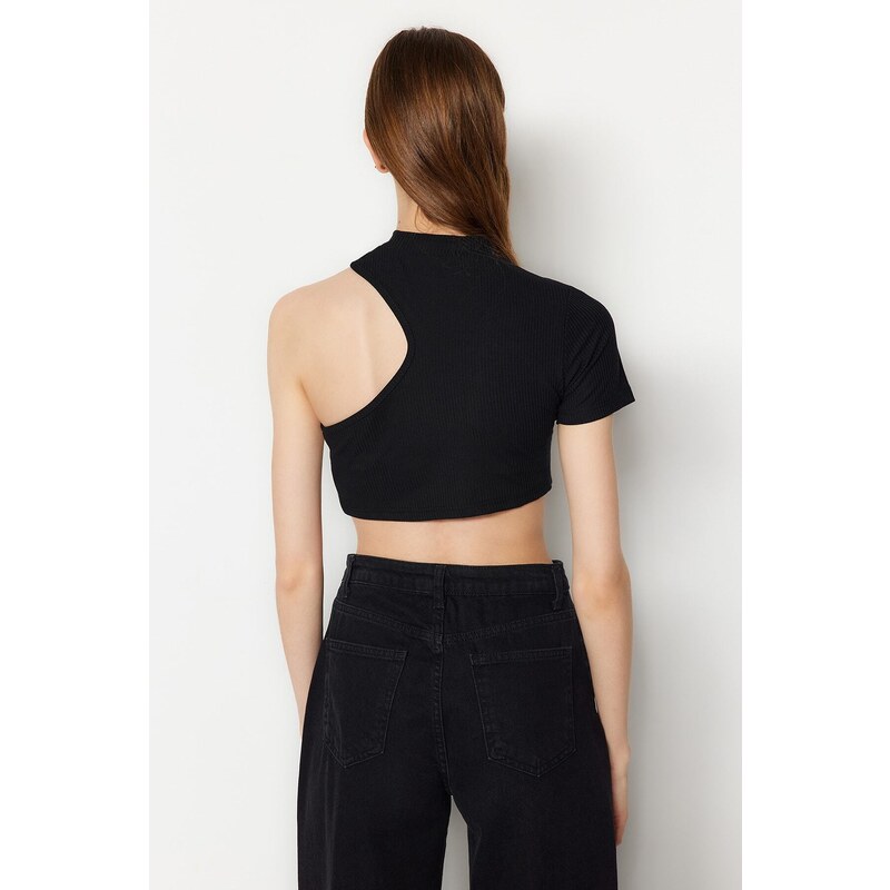 Trendyol Black Color Block Crew Neck Fitted/Situated Ribbed Flexible Knitted Blouse