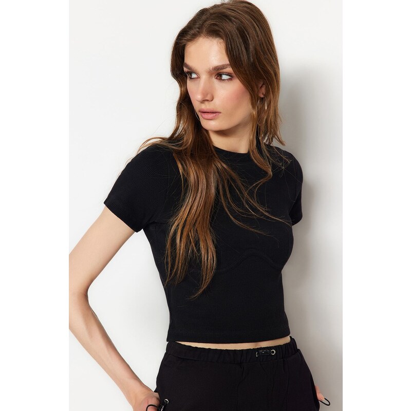 Trendyol Black Piping Detailed Crew Neck Crop Ribbed Elastic