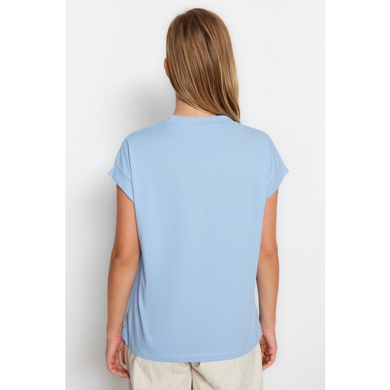 Trendyol Blue 100% Cotton Printed Relaxed Cut Basic Crew Neck Low Sleeve Knitted T-Shirt