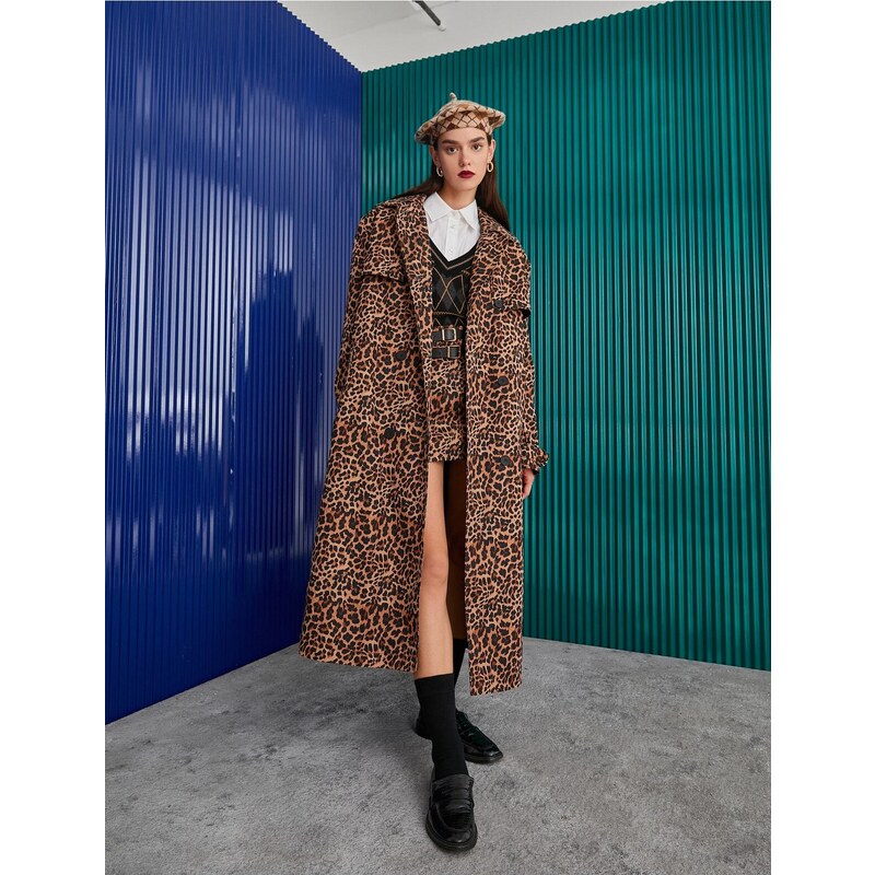 Koton Leopard Patterned Trench Coat Belt Detailed