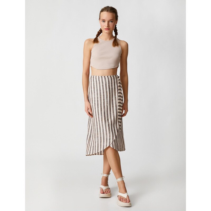 Koton Midi Skirt with Wrapover Closeup and Belted Waist.