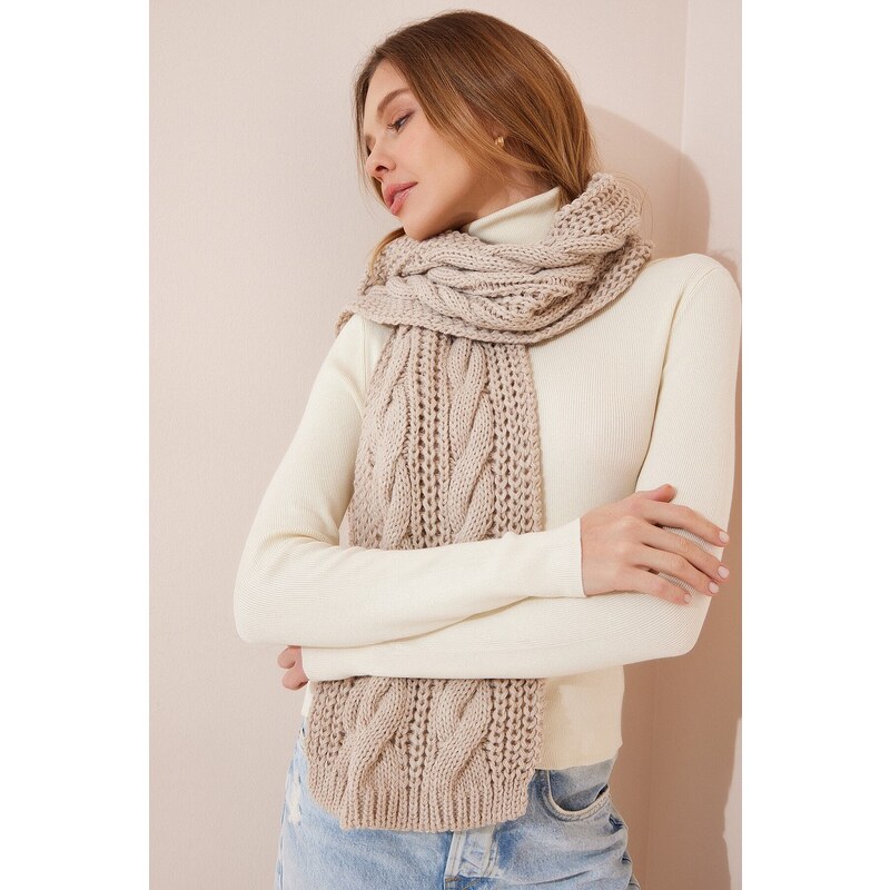 Happiness İstanbul Women's Beige Knitted Detailed Sweater Scarf