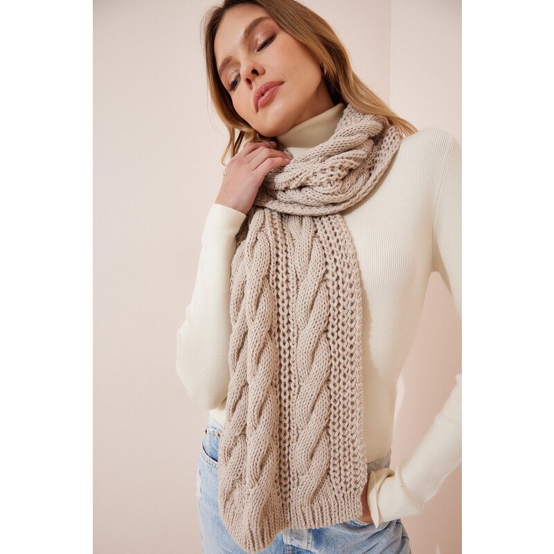 Happiness İstanbul Women's Beige Knitted Detailed Sweater Scarf