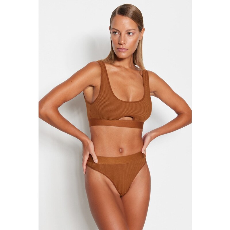 Trendyol Brown Ribbed Elastic Window/Cut Out Detailed Knitted Underwear Set