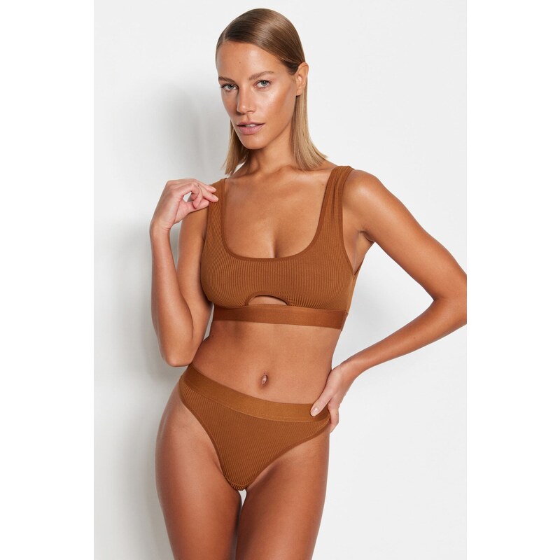 Trendyol Brown Ribbed Elastic Window/Cut Out Detailed Knitted Underwear Set