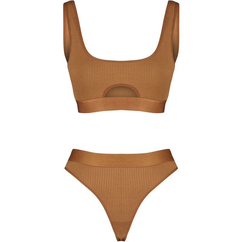 Trendyol Brown Ribbed Elastic Window/Cut Out Detailed Knitted Underwear Set