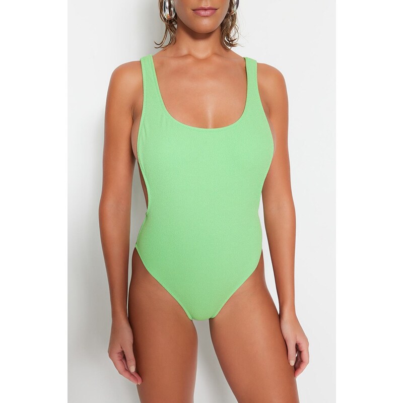 Trendyol zelené plavky s kulatým výstřihem, texturou regular leg