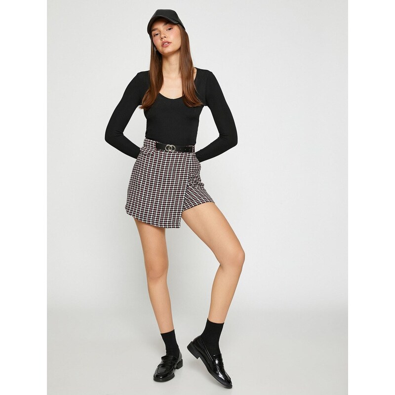 Koton Mini Shorts Skirt with Belt Detail Houndstooth Pattern