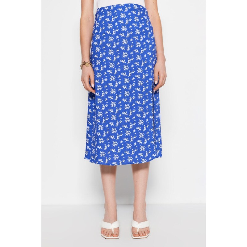 Trendyol Blue Midi Woven Skirt with a Slit Detail and Floral Pattern in Viscose Fabric